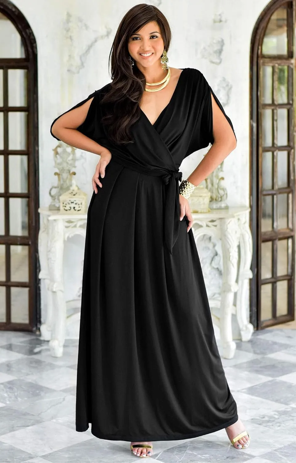 KOH KOH Womens Long Semi-Formal Short Sleeve V-Neck Floor Length Maxi Dress Gown