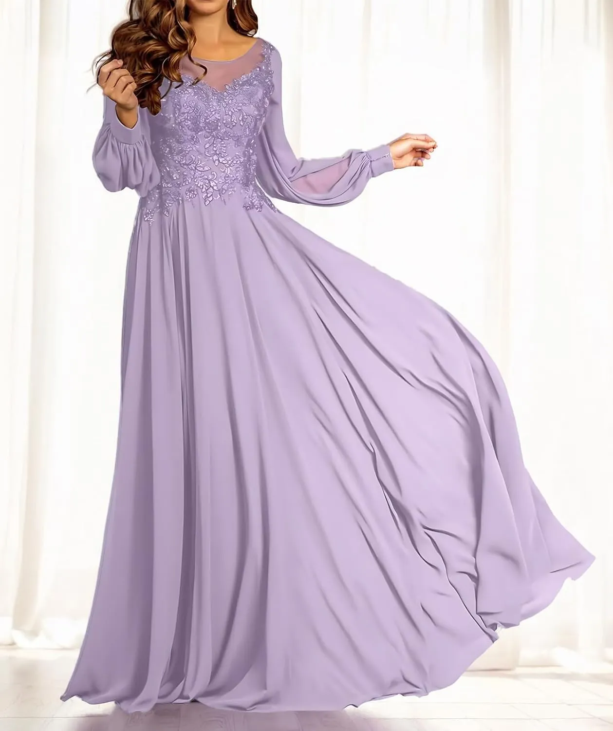 Lace Applique Chiffon Mother of The Bride Dresses for Wedding A-Line Crew Neck Long Sleeves Maxi Formal Evening Dress