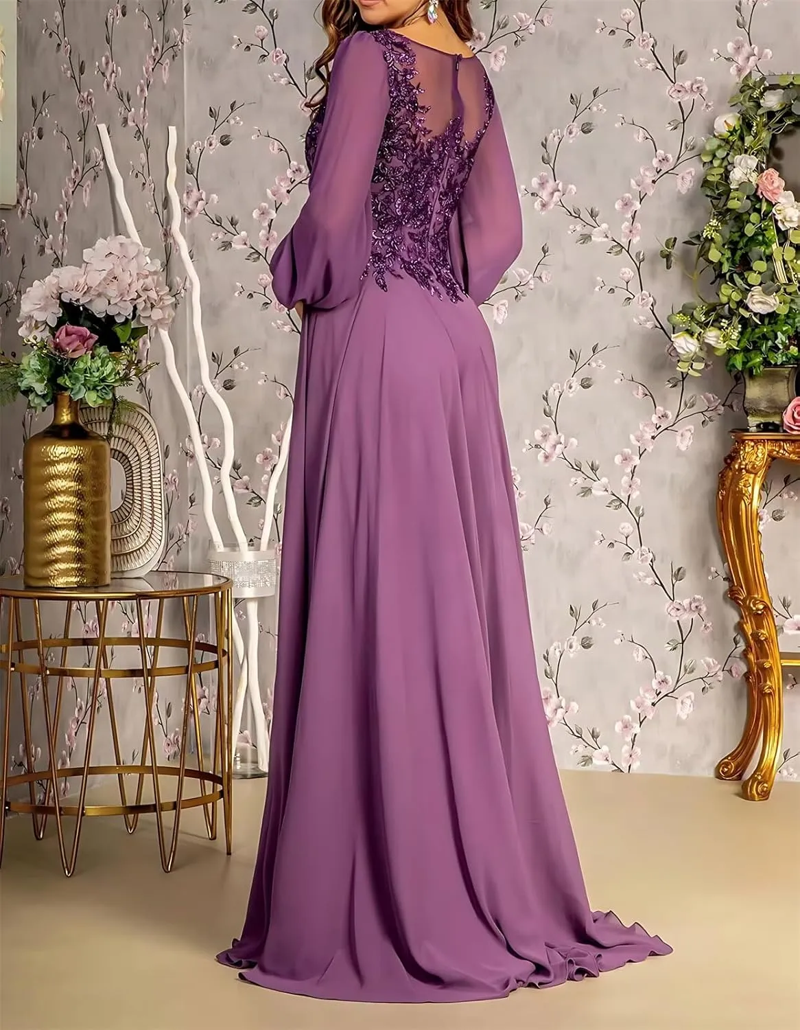 Lace Applique Chiffon Mother of The Bride Dresses for Wedding A-Line Crew Neck Long Sleeves Maxi Formal Evening Dress