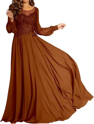 Lace Applique Chiffon Mother of The Bride Dresses for Wedding A-Line Crew Neck Long Sleeves Maxi Formal Evening Dress