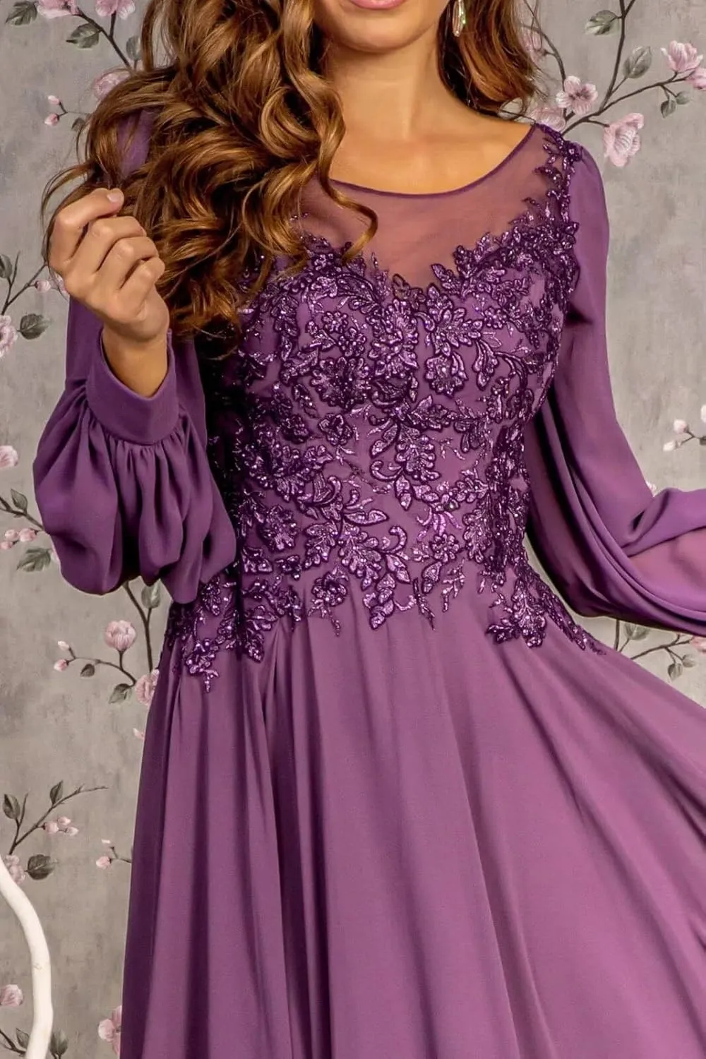 Lace Applique Chiffon Mother of The Bride Dresses for Wedding A-Line Crew Neck Long Sleeves Maxi Formal Evening Dress