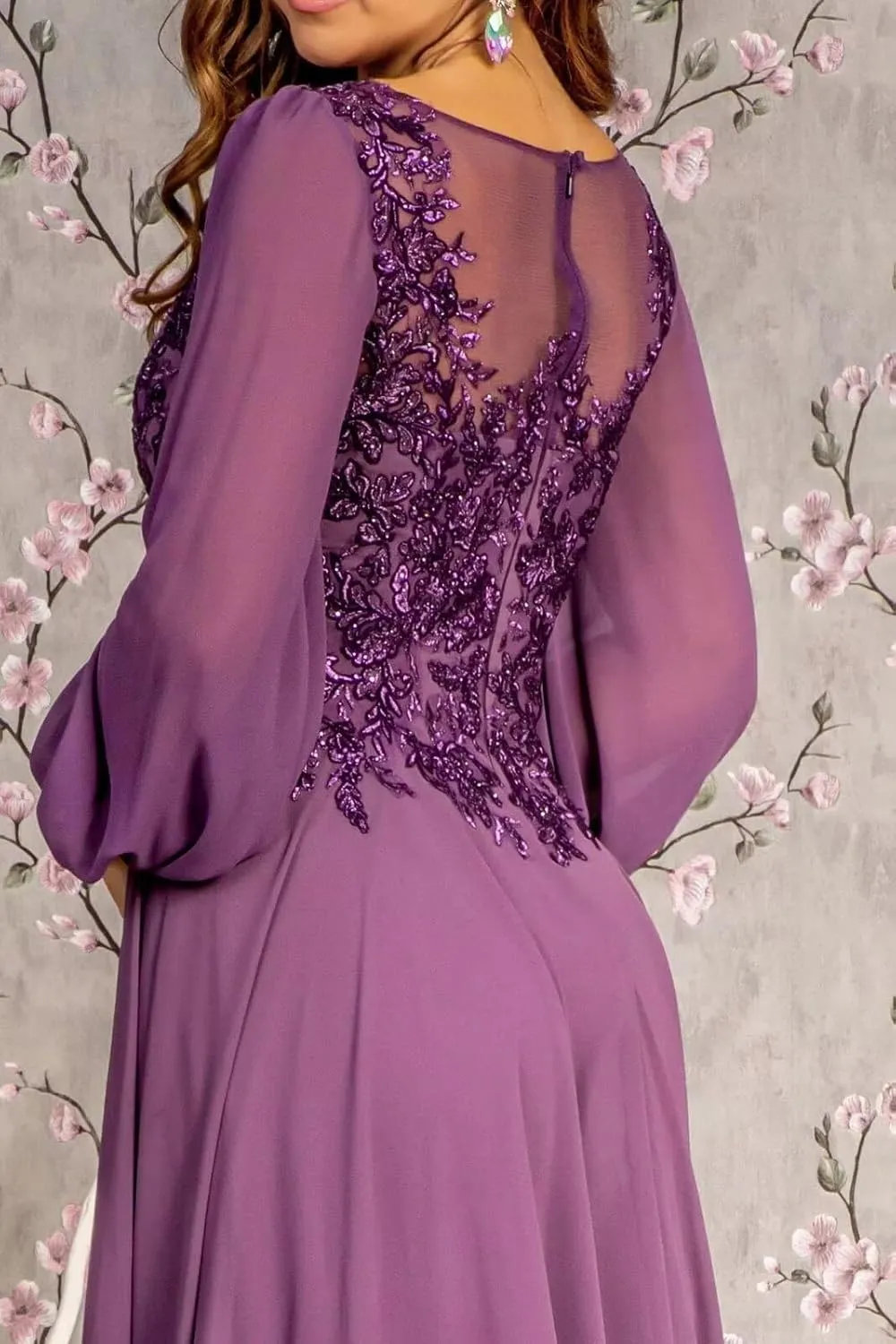 Lace Applique Chiffon Mother of The Bride Dresses for Wedding A-Line Crew Neck Long Sleeves Maxi Formal Evening Dress