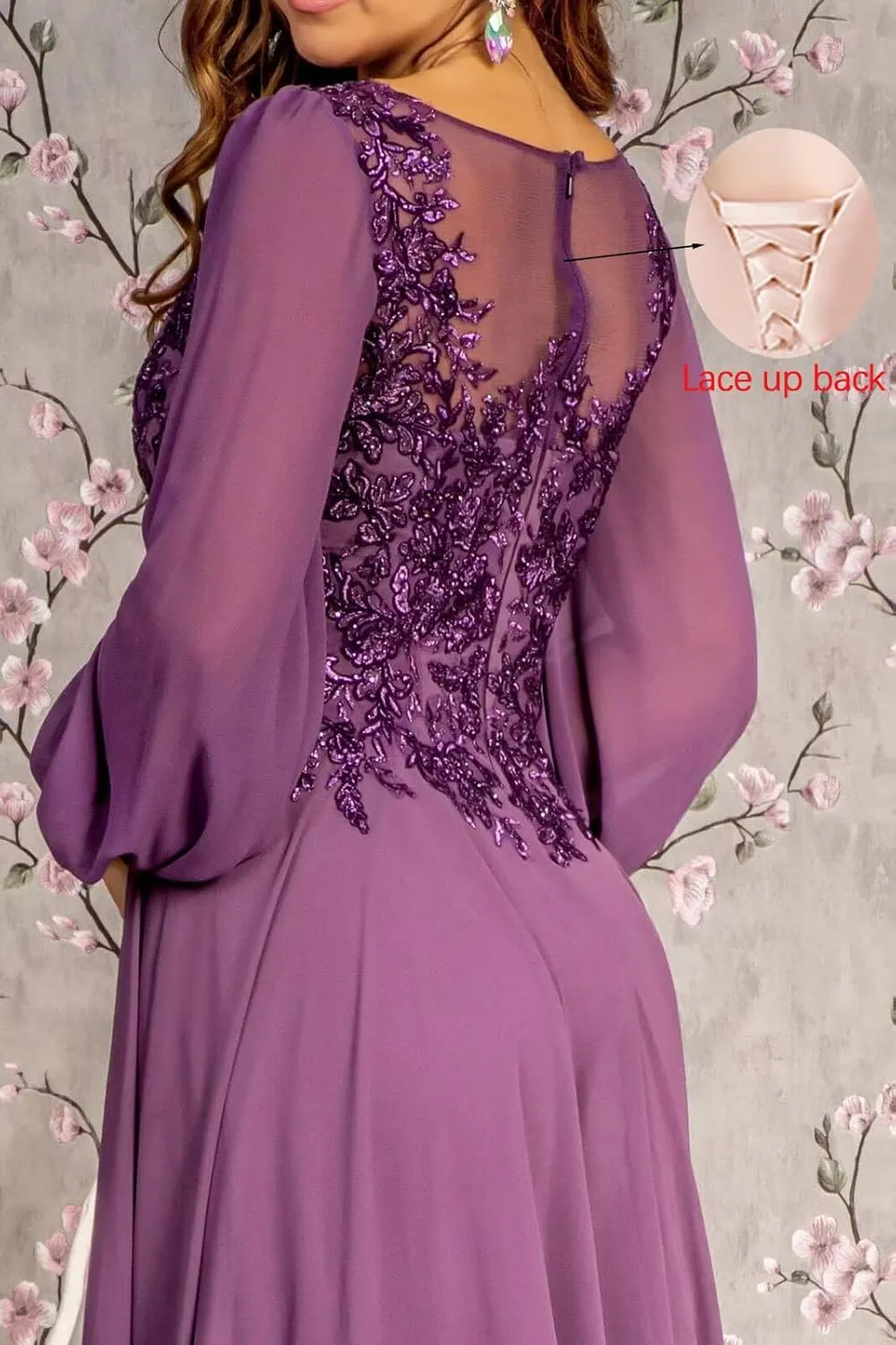 Lace Applique Chiffon Mother of The Bride Dresses for Wedding A-Line Crew Neck Long Sleeves Maxi Formal Evening Dress