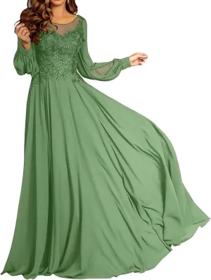 Lace Applique Chiffon Mother of The Bride Dresses for Wedding A-Line Crew Neck Long Sleeves Maxi Formal Evening Dress