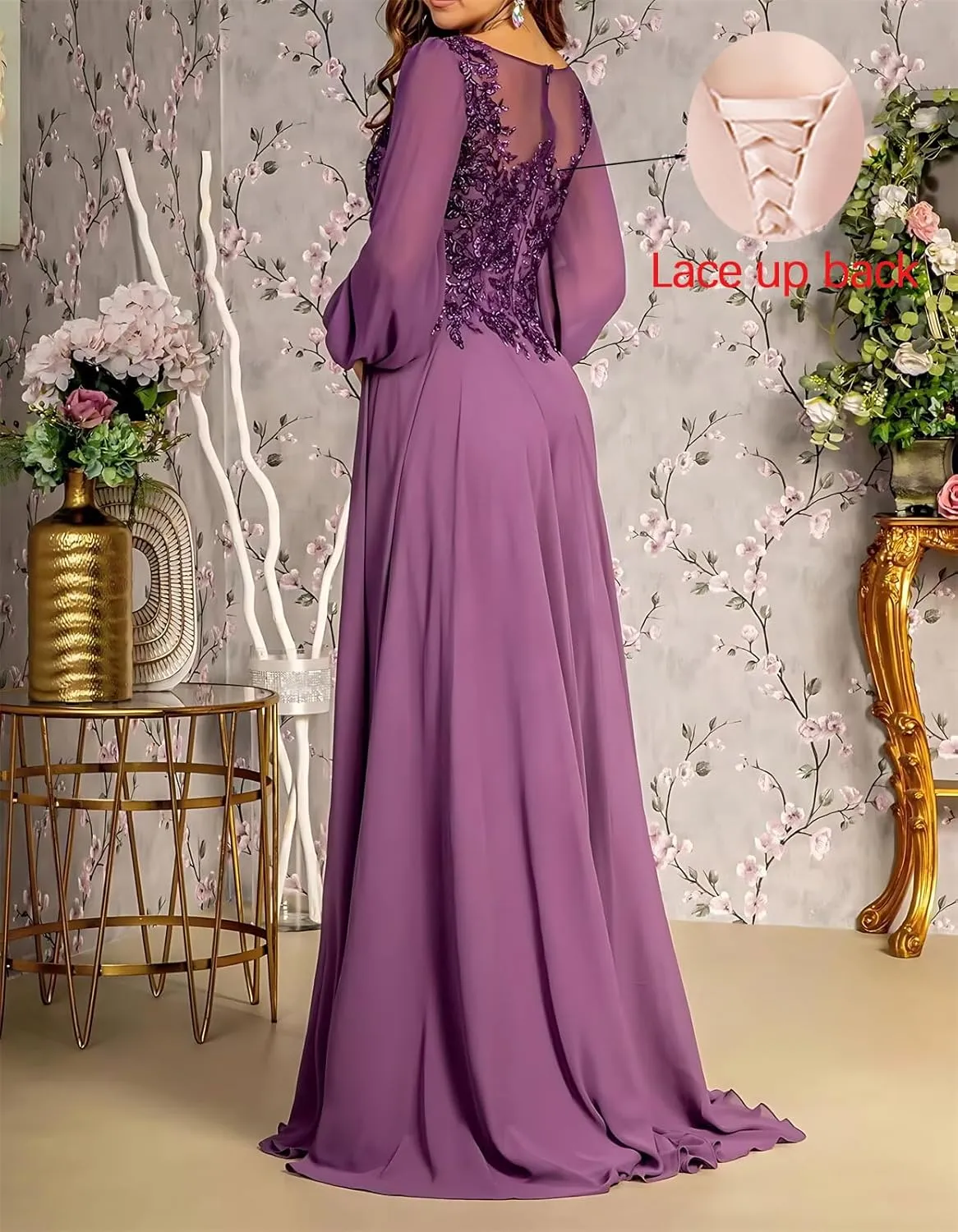 Lace Applique Chiffon Mother of The Bride Dresses for Wedding A-Line Crew Neck Long Sleeves Maxi Formal Evening Dress