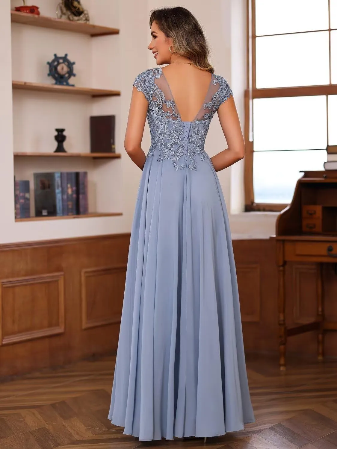 Lace Applique Crew Neck Mother of The Bride Dresses for Wedding Cap Sleeve Evening Formal Dress with Pockets PU205