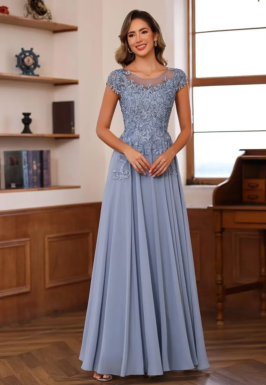 Lace Applique Crew Neck Mother of The Bride Dresses for Wedding Cap Sleeve Evening Formal Dress with Pockets PU205