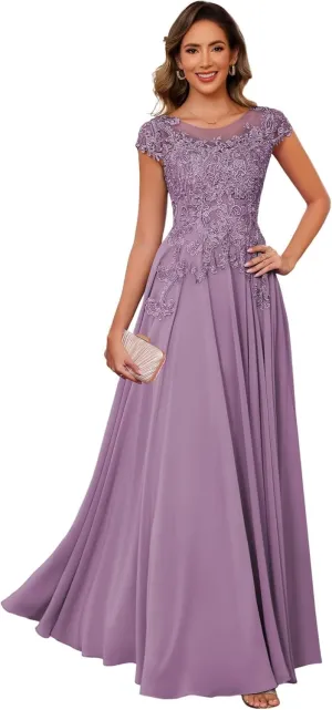 Lace Applique Crew Neck Mother of The Bride Dresses for Wedding Cap Sleeve Evening Formal Dress with Pockets PU205