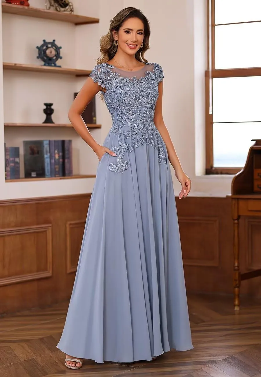 Lace Applique Crew Neck Mother of The Bride Dresses for Wedding Cap Sleeve Evening Formal Dress with Pockets PU205