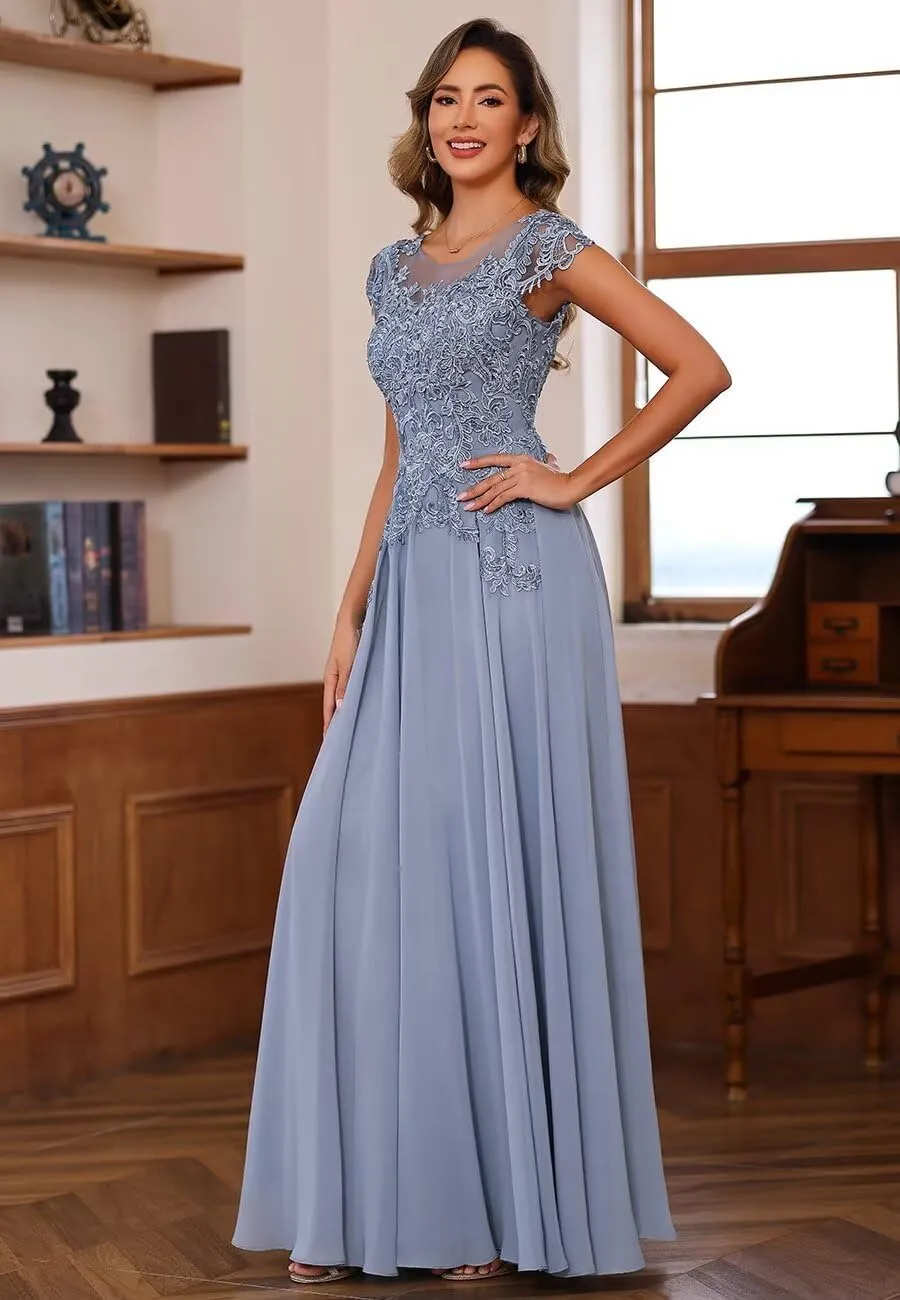 Lace Applique Crew Neck Mother of The Bride Dresses for Wedding Cap Sleeve Evening Formal Dress with Pockets PU205