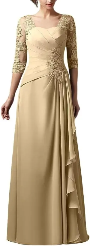 Lace Applique Mother of The Bride Dresses for Wedding 3/4 Sleeves Formal Party Dress Long Chiffon Wedding Guest Dress