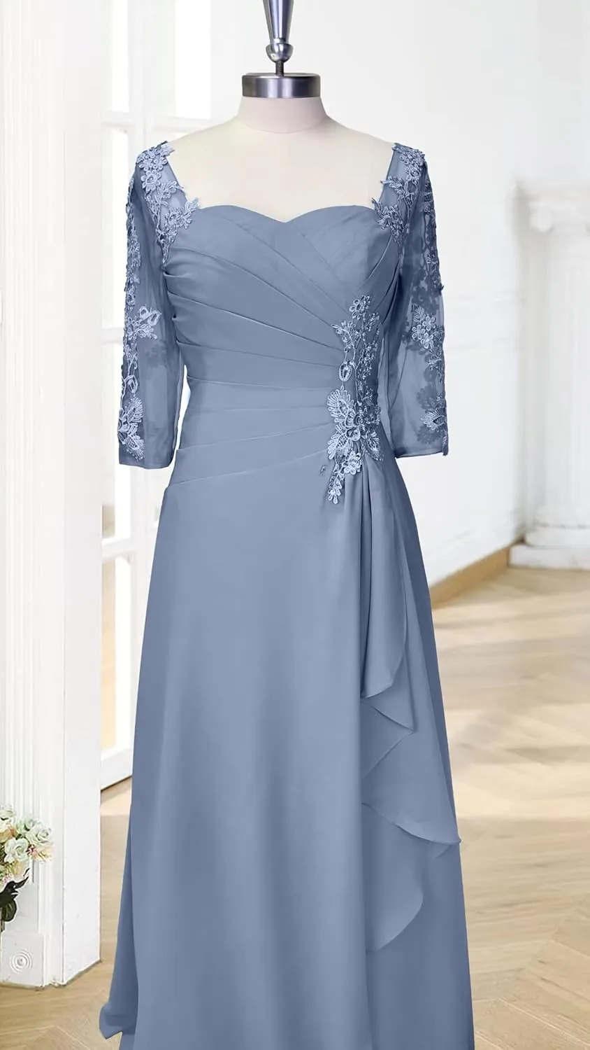 Lace Applique Mother of The Bride Dresses for Wedding 3/4 Sleeves Formal Party Dress Long Chiffon Wedding Guest Dress