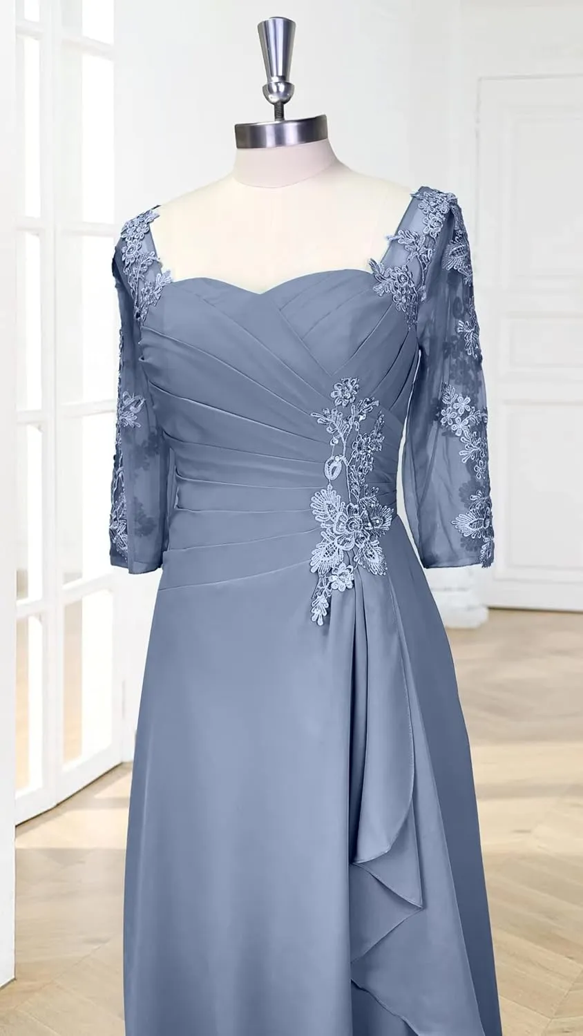 Lace Applique Mother of The Bride Dresses for Wedding 3/4 Sleeves Formal Party Dress Long Chiffon Wedding Guest Dress