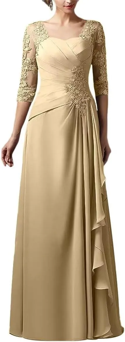 Lace Applique Mother of The Bride Dresses for Wedding 3/4 Sleeves Formal Party Dress Long Chiffon Wedding Guest Dress