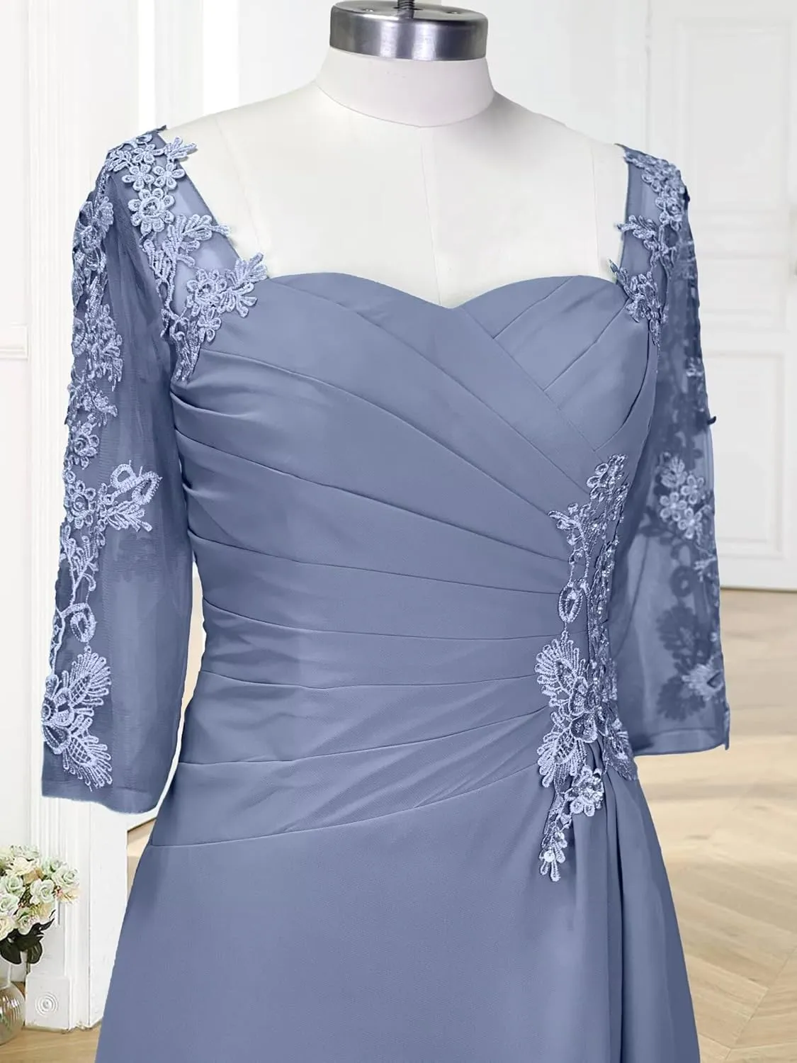 Lace Applique Mother of The Bride Dresses for Wedding 3/4 Sleeves Formal Party Dress Long Chiffon Wedding Guest Dress