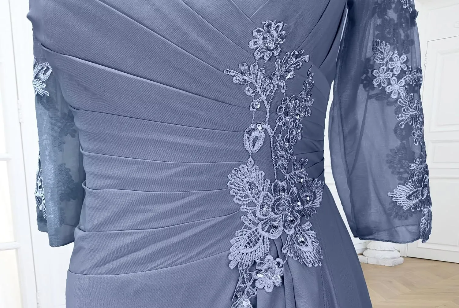 Lace Applique Mother of The Bride Dresses for Wedding 3/4 Sleeves Formal Party Dress Long Chiffon Wedding Guest Dress
