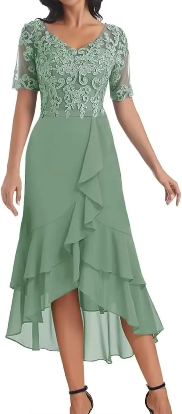 Lace Applique Mother of The Bride Dresses Short Sleeves Chiffon Formal Dress for Women V Neck Prom Gown