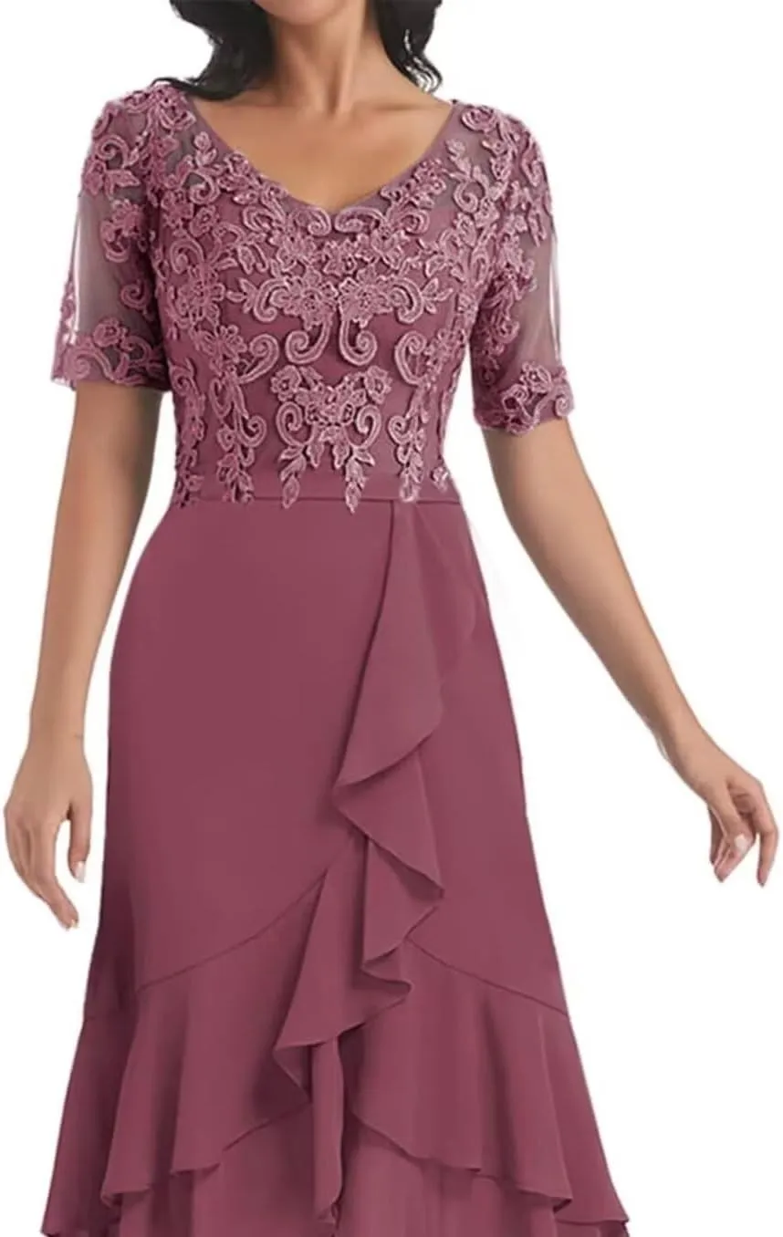 Lace Applique Mother of The Bride Dresses Short Sleeves Chiffon Formal Dress for Women V Neck Prom Gown