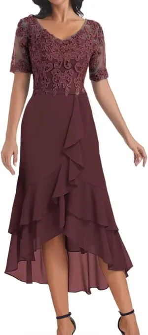 Lace Applique Mother of The Bride Dresses Short Sleeves Chiffon Formal Dress for Women V Neck Prom Gown
