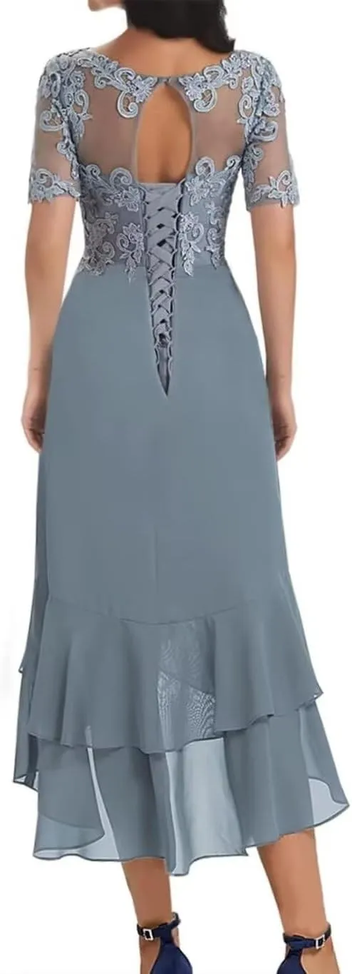 Lace Applique Mother of The Bride Dresses Short Sleeves Chiffon Formal Dress for Women V Neck Prom Gown