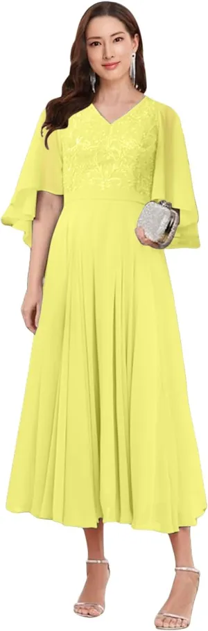 Lace Appliques Chiffon Mother of The Bride Dresses for Wedding Tea Length Mother of The Groom Dress