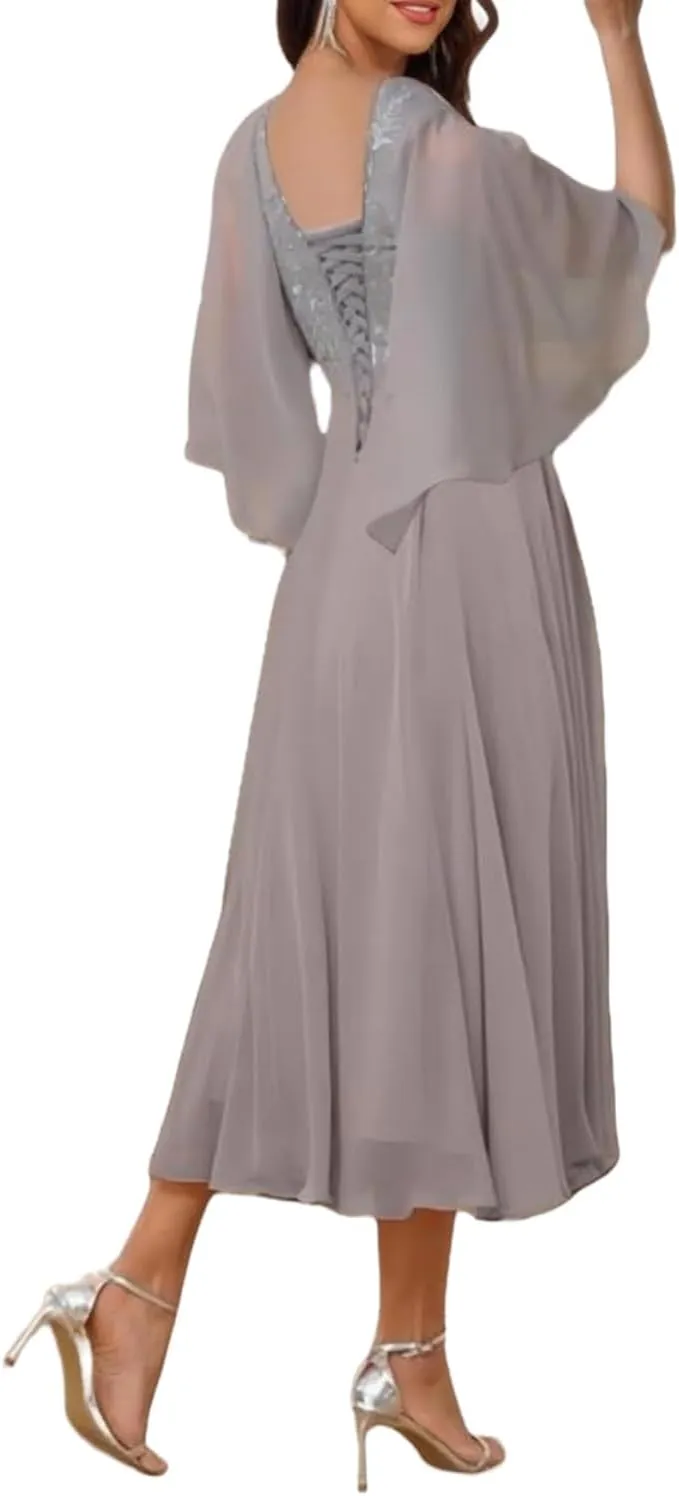 Lace Appliques Chiffon Mother of The Bride Dresses for Wedding Tea Length Mother of The Groom Dress