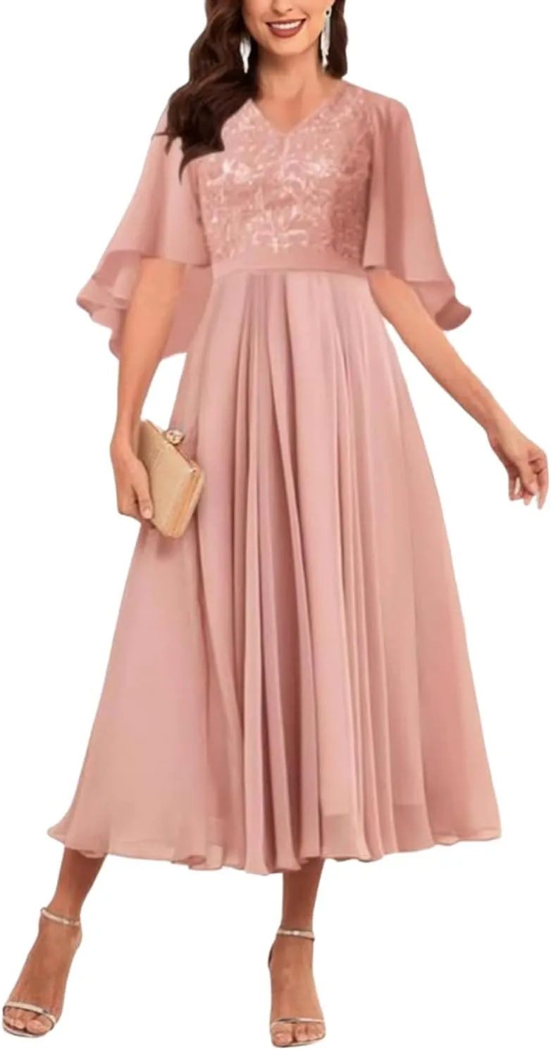 Lace Appliques Chiffon Mother of The Bride Dresses for Wedding Tea Length Mother of The Groom Dress