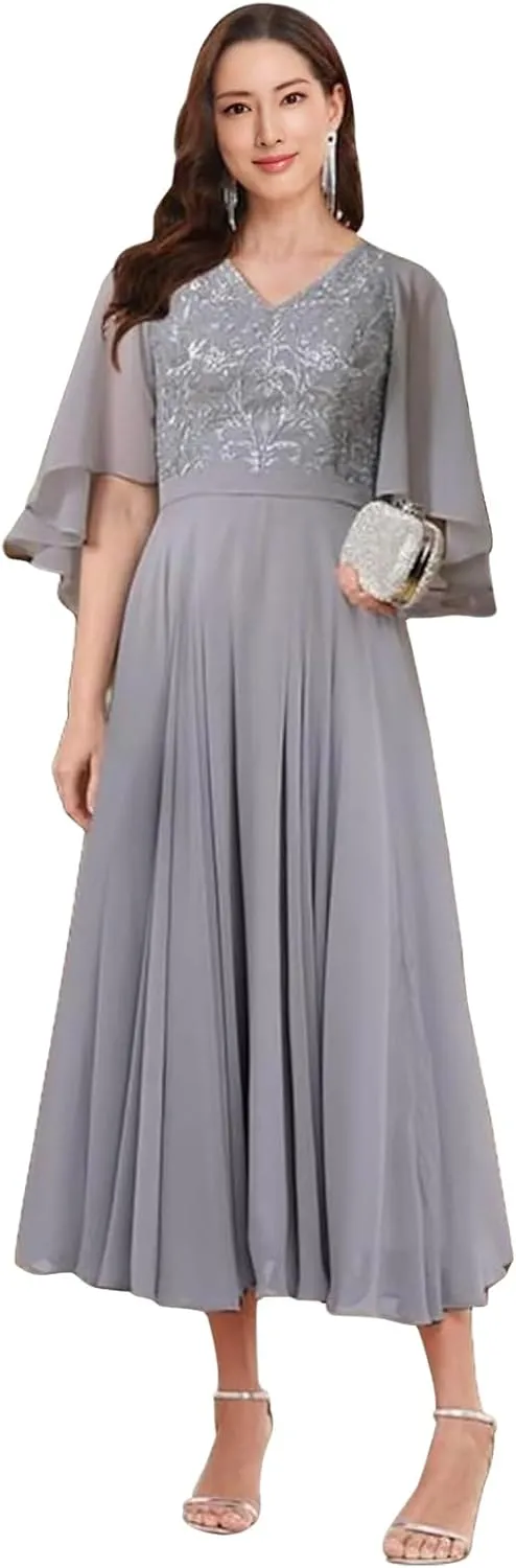 Lace Appliques Chiffon Mother of The Bride Dresses for Wedding Tea Length Mother of The Groom Dress
