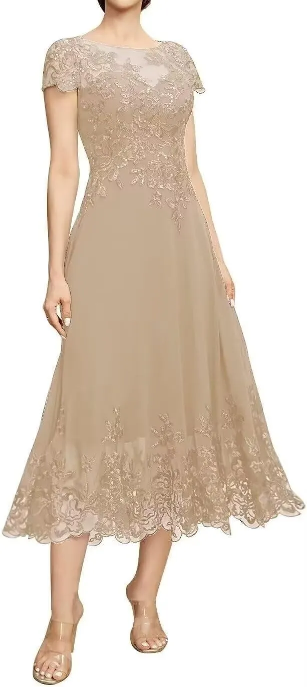 Lace Appliques Chiffon Mother of The Bride Dresses Tea Length Formal Evening Gowns with Short Sleeves