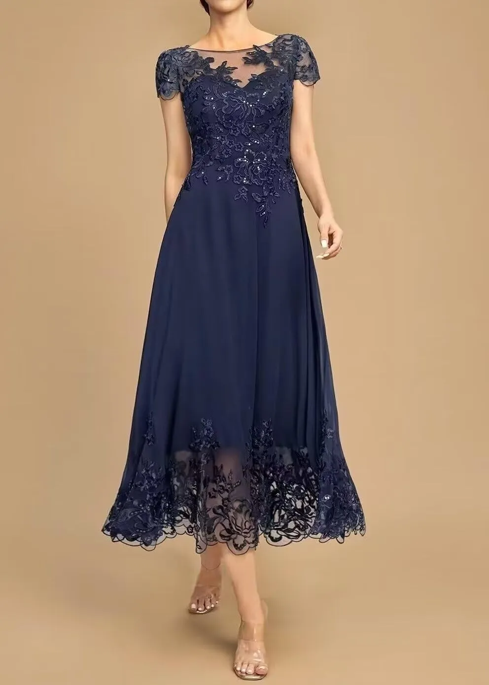 Lace Appliques Chiffon Mother of The Bride Dresses Tea Length Formal Evening Gowns with Short Sleeves