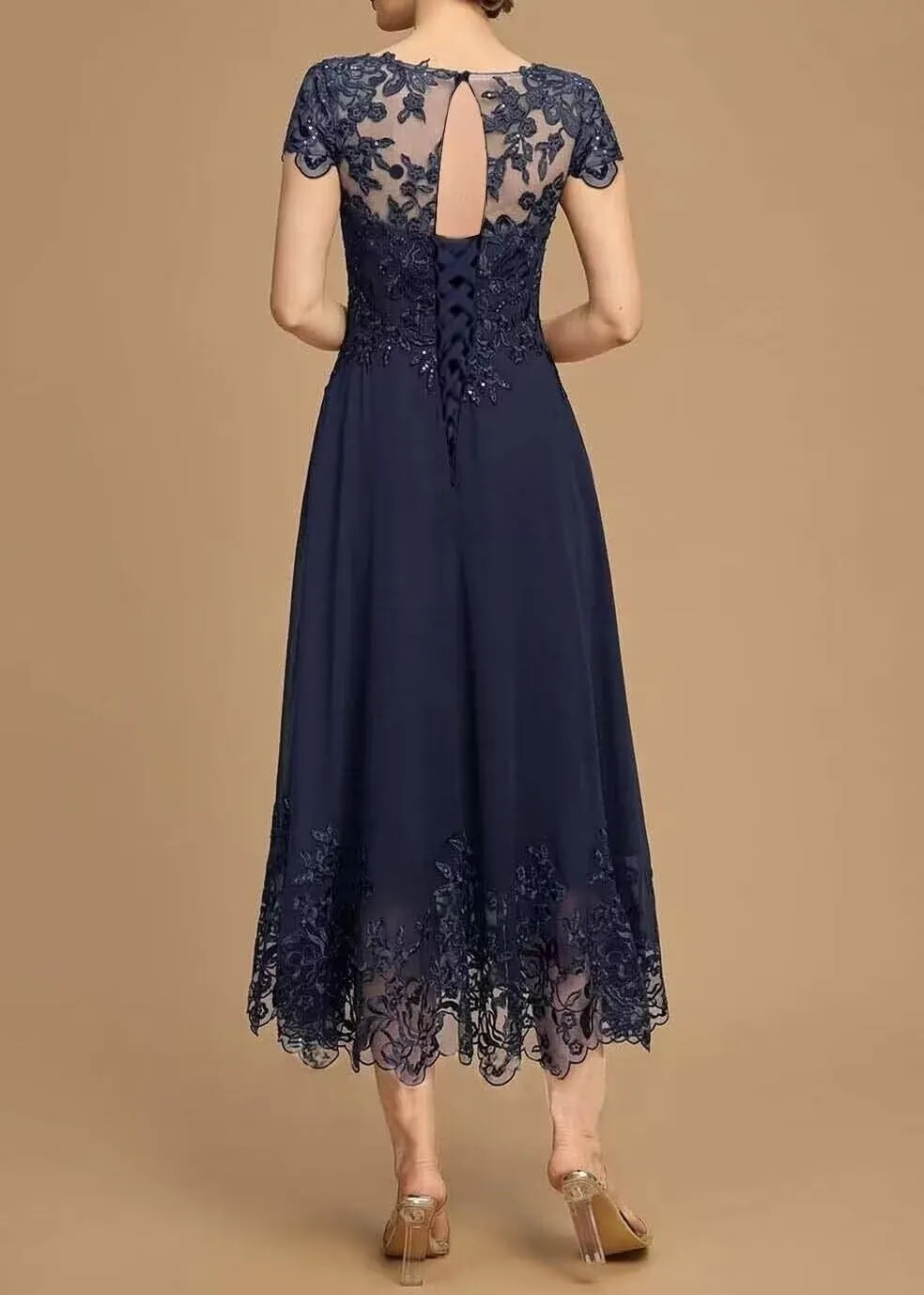 Lace Appliques Chiffon Mother of The Bride Dresses Tea Length Formal Evening Gowns with Short Sleeves