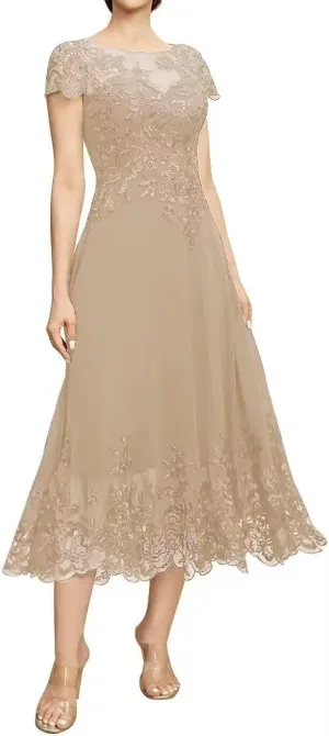 Lace Appliques Chiffon Mother of The Bride Dresses Tea Length Formal Evening Gowns with Short Sleeves