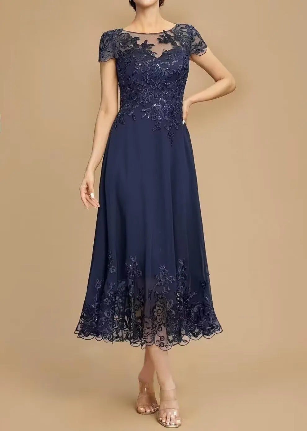 Lace Appliques Chiffon Mother of The Bride Dresses Tea Length Formal Evening Gowns with Short Sleeves