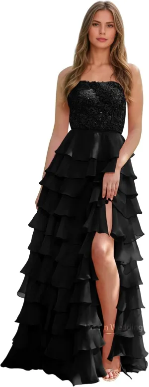Lace Appliques Chiffon Prom Dress for Women A Line Tiered Ruffled Formal Evening Gowns with Slit Backless DR0789