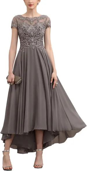 Lace Appliques Mother of The Bride Dresses for Wedding Asymmetrical Chiffon Evening Formal Dresses Short Sleeve RA03