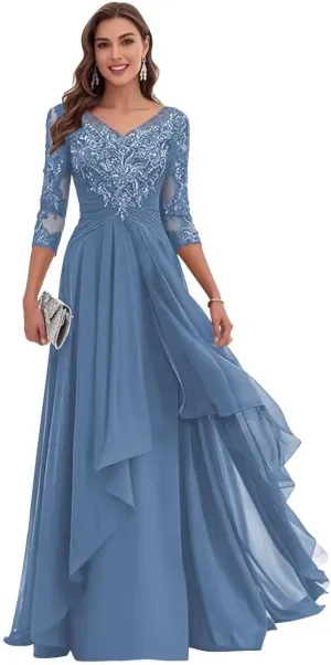Lace Appliques Mother of The Bride Dresses for Wedding Chiffon Formal Gown Long Sleeve V Neck Evening Dress 2025