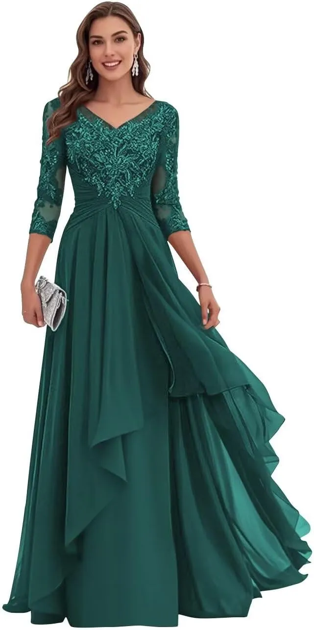 Lace Appliques Mother of The Bride Dresses for Wedding Chiffon Formal Gown Long Sleeve V Neck Evening Dress 2025