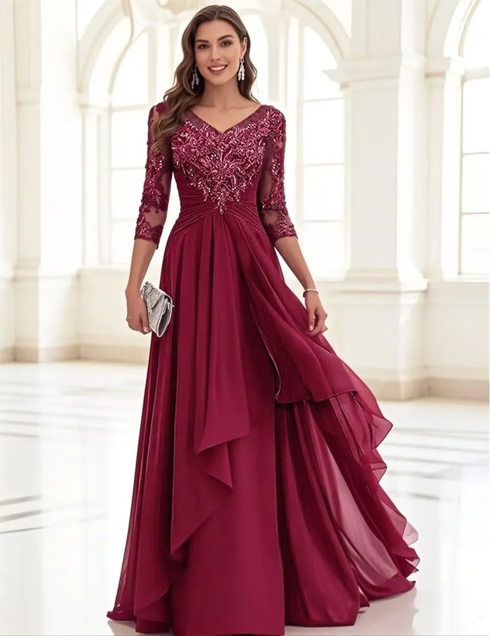Lace Appliques Mother of The Bride Dresses for Wedding Chiffon Formal Gown Long Sleeve V Neck Evening Dress 2025
