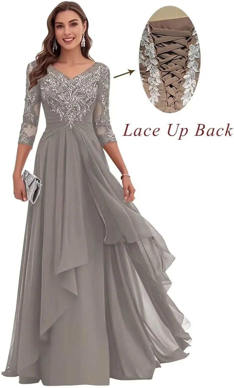 Lace Appliques Mother of The Bride Dresses for Wedding Chiffon Formal Gown Long Sleeve V Neck Evening Dress 2025