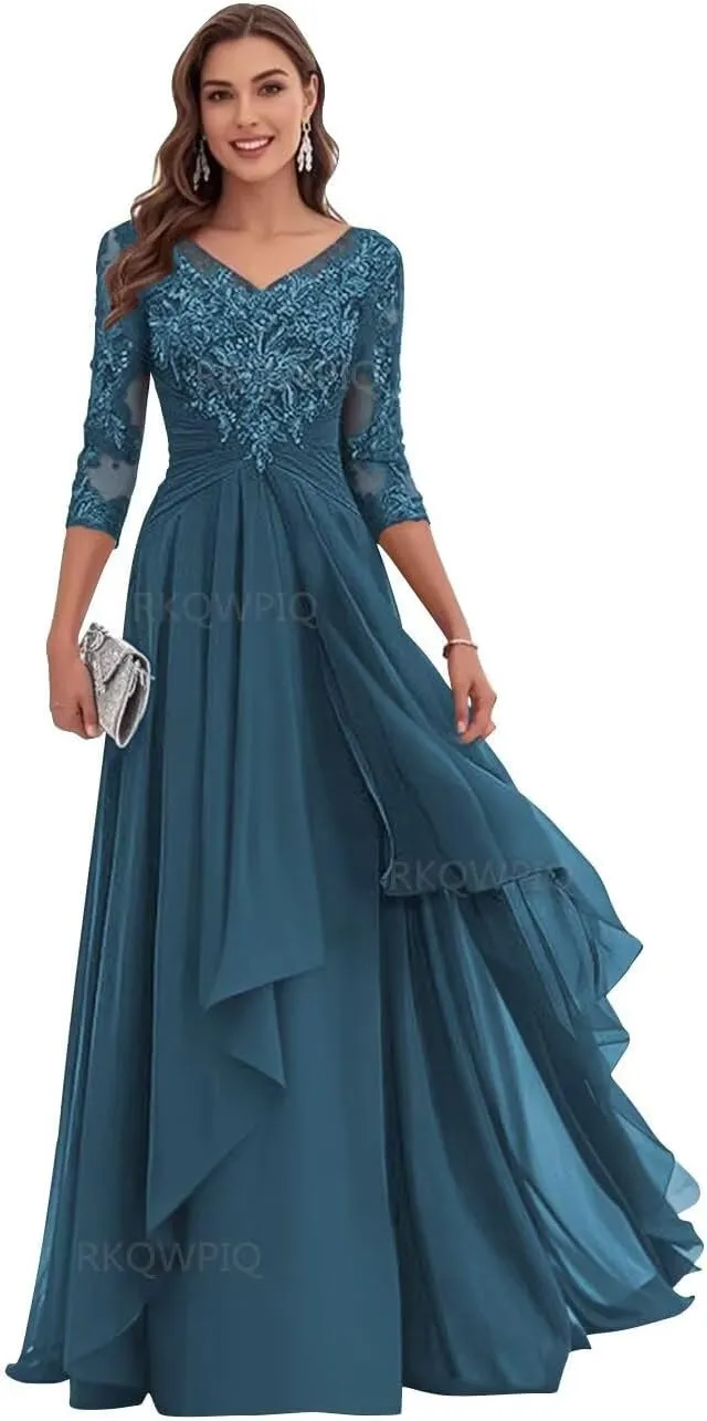 Lace Appliques Mother of The Bride Dresses for Wedding Chiffon Formal Gown Long Sleeve V Neck Evening Dress 2025