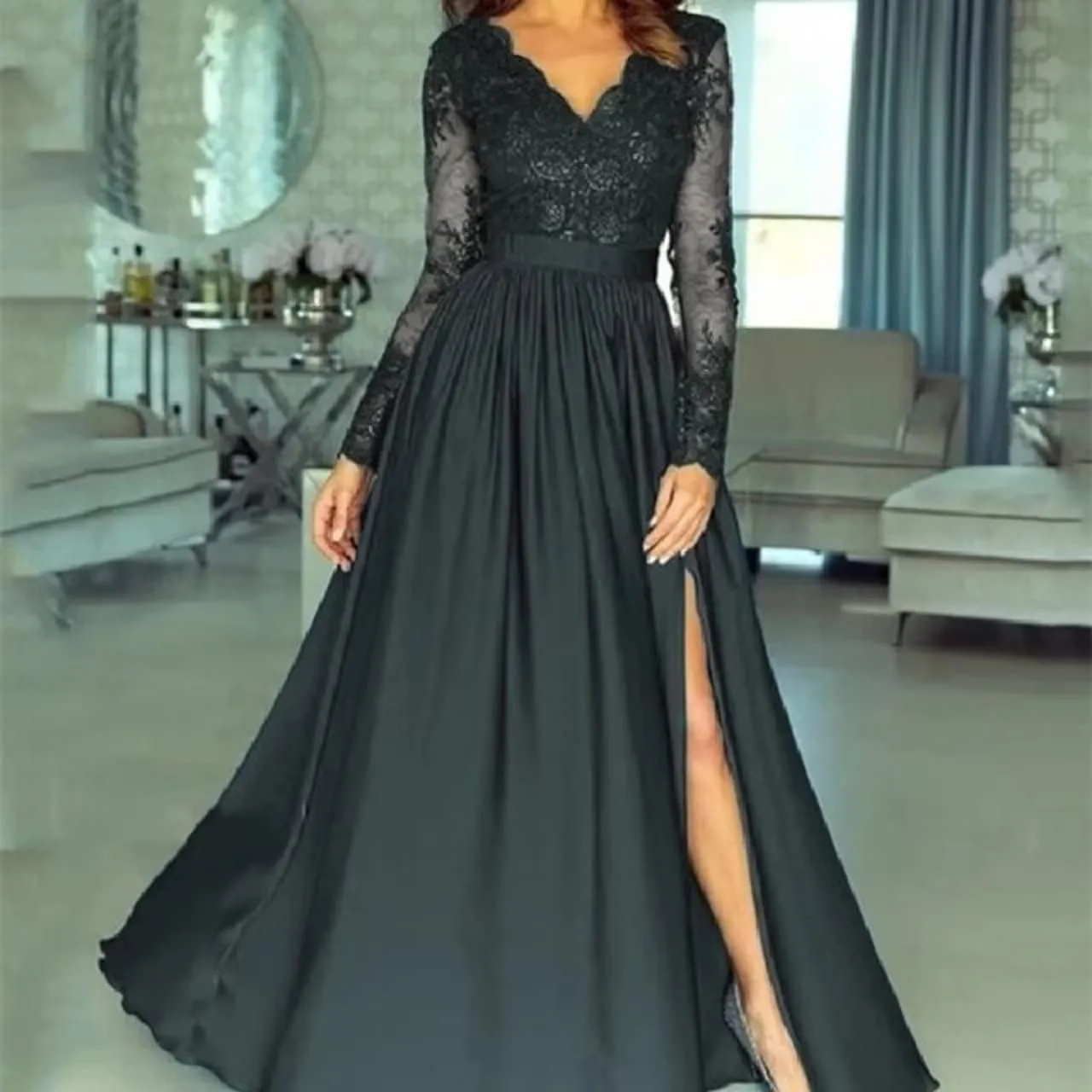 Lace Appliques Satin Prom Dresses for Women Long Sleeve A-Line Formal Evening Gowns with High Slit DR0130