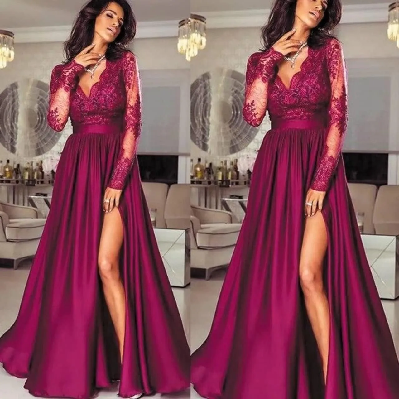 Lace Appliques Satin Prom Dresses for Women Long Sleeve A-Line Formal Evening Gowns with High Slit DR0130