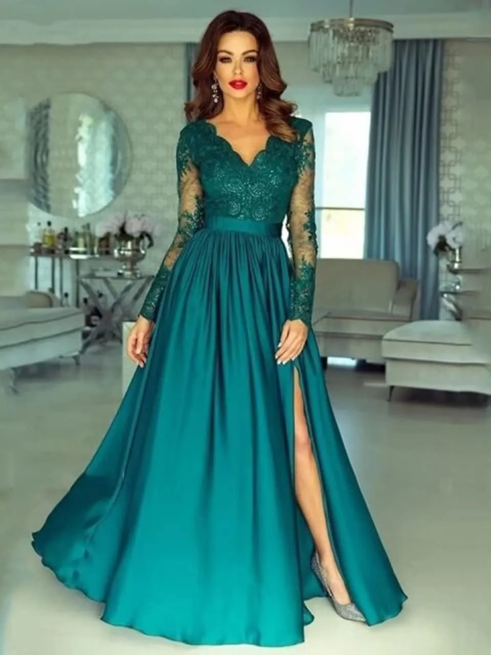 Lace Appliques Satin Prom Dresses for Women Long Sleeve A-Line Formal Evening Gowns with High Slit DR0130