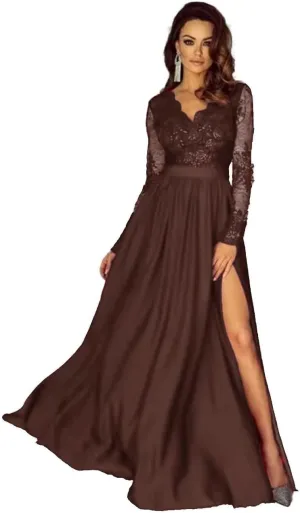Lace Appliques Satin Prom Dresses for Women Long Sleeve A-Line Formal Evening Gowns with High Slit DR0130