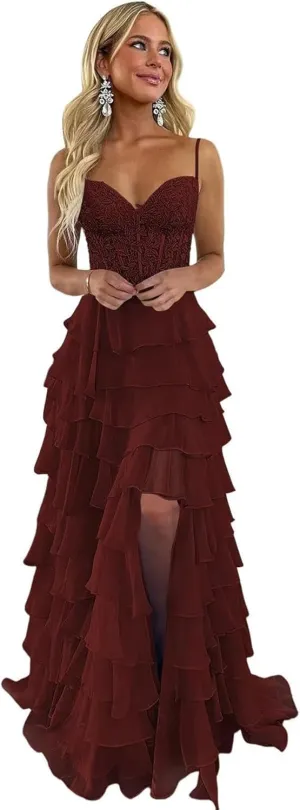 Lace Appliques Tiered Prom Dresses with Slit 2025 Spaghetti Strap Corset Ruffle Chiffon Formal Evening Gowns