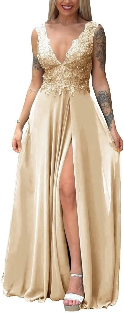 Lace Bridesmaid Dresses for Women Long Chiffon Evening Gowns Formal V Neck Prom Dress with Slit PD944
