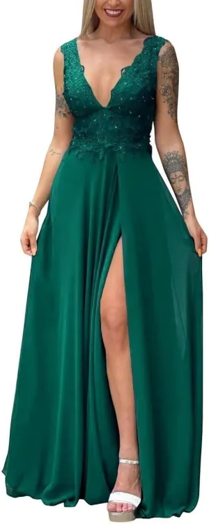 Lace Bridesmaid Dresses for Women Long Chiffon Evening Gowns Formal V Neck Prom Dress with Slit PD944
