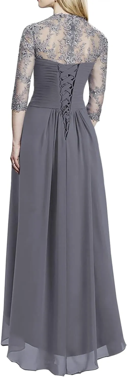 Lace Mother of The Bride Dresses Tea Length Formal Evening Gown 3/4 Sleeve Chiffon Wedding Guest Dresses for Women