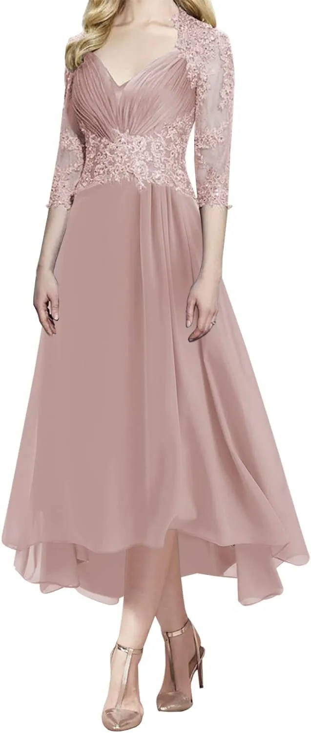 Lace Mother of The Bride Dresses Tea Length Formal Evening Gown 3/4 Sleeve Chiffon Wedding Guest Dresses for Women
