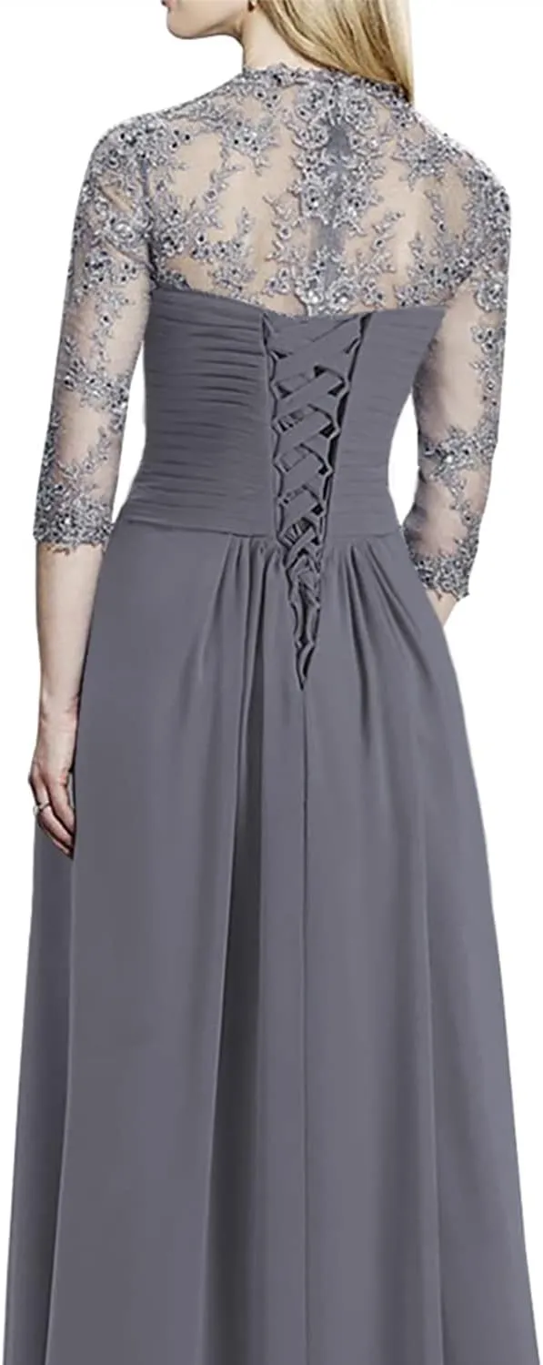 Lace Mother of The Bride Dresses Tea Length Formal Evening Gown 3/4 Sleeve Chiffon Wedding Guest Dresses for Women